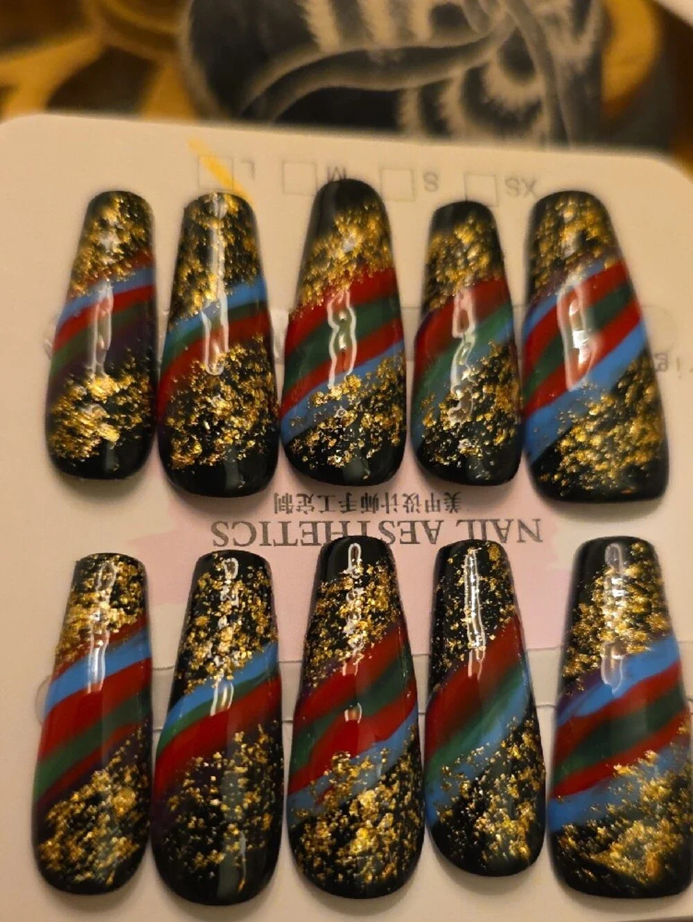 Black Gold Foil Press-On Nails with Multicolor Stripes Size Large